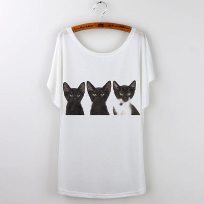Women's Fashion T-shirt with Black Cat/Dog print - Lia Collections