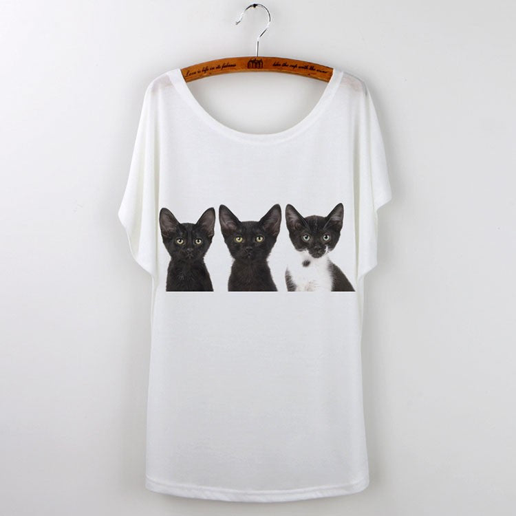 Women's Fashion T-shirt with Black Cat/Dog print - Lia Collections